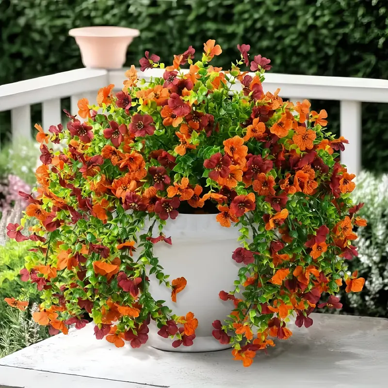 6 PC with orange and wine-red artificial hanging vines, low-maintenance 24/7 fake plants, for autumn porch, yard, balcony and home decoration