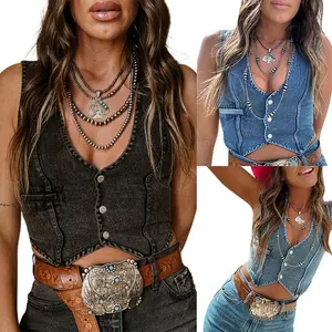 Women's summer cut denim vest, V-neck cut western denim vest top, suitable for women's rural fashion clothingRAIMENTRY