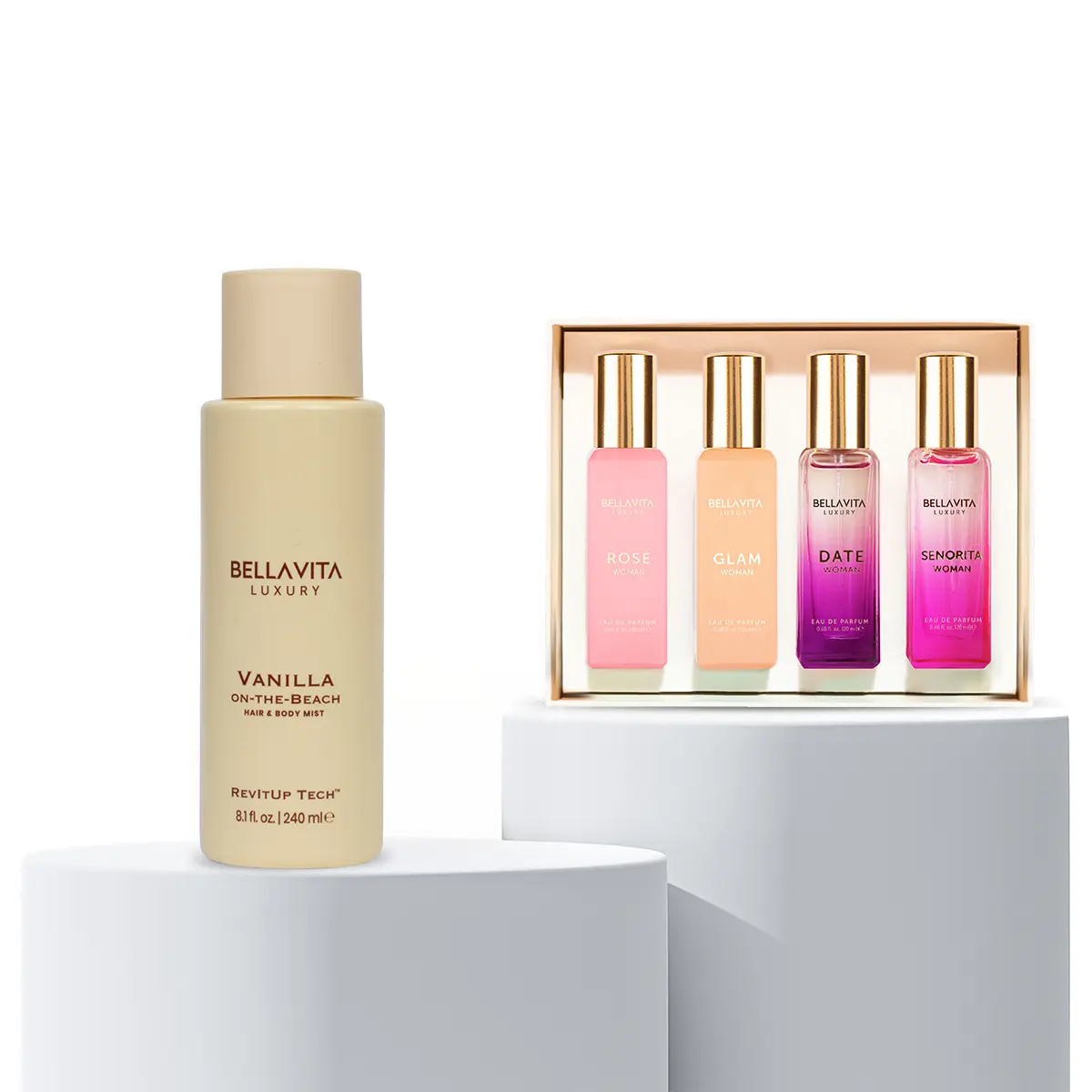 The Vanilla Bloom Wardrobe by Bellavita Luxury | Women’s Perfume Gift Set & Vanilla on the Beach Hair & Body Mist | Floral, Fruity & Warm Gourmand Scents | Vanilla, Mango, Florals & Musk | Long-Lasting Fragrances & Revivable Water-Based Mist | 320 ML