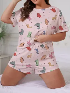 Women's Dinosaur Family Sleepwear Set, Casual Loose Fit Short Sleeve Shirt & Elastic Shorts, Comfortable All Season Home Wear