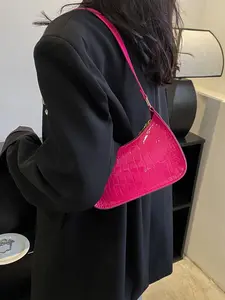 Shiny Croc-Embossed Baguette Underarm Bag, Y2K Style Adjustable Crossbody Purses, Trendy Street-Style Mini Crossbody Bag