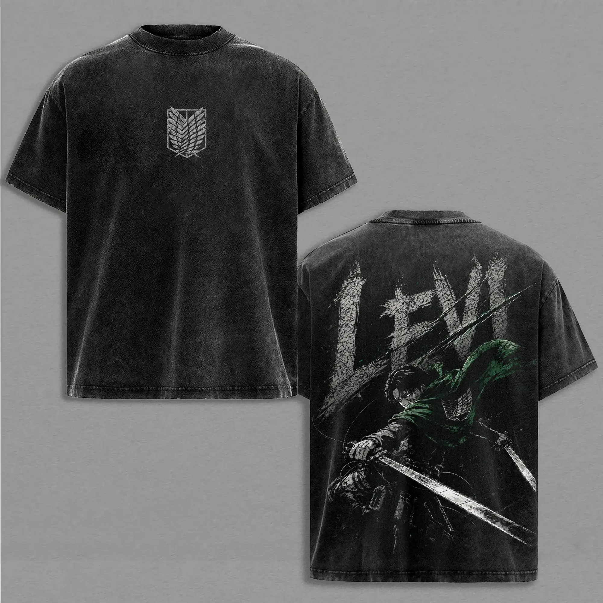 Vintage Washed Shirt Anime Graphic Tee Scout Regiment Captain Levi Oversized Streetwear Manga T Shirt Gift for AOT Fans