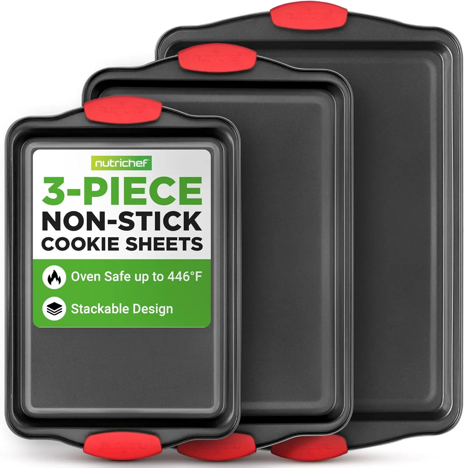 3 Piece Nonstick Baking Sheet Set with Silicone Handles Carbon Steel Cookie Sheets Small Medium Large Stackable Oven Trays for Baking Cookies Vegetables Pastries Kitchen Bakeware Set