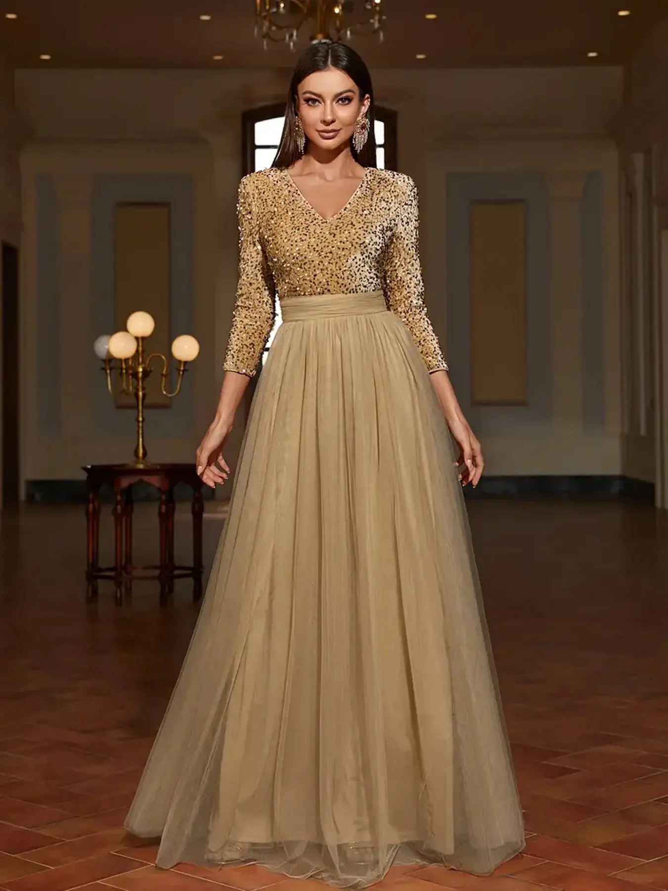 Women's Autumn Winter Half Sleeve V Neck Sequined Mesh Patchwork Party Dress, Elegant Formal Evening Gown for Special Occasions, Long Sleeve, Formal Wear