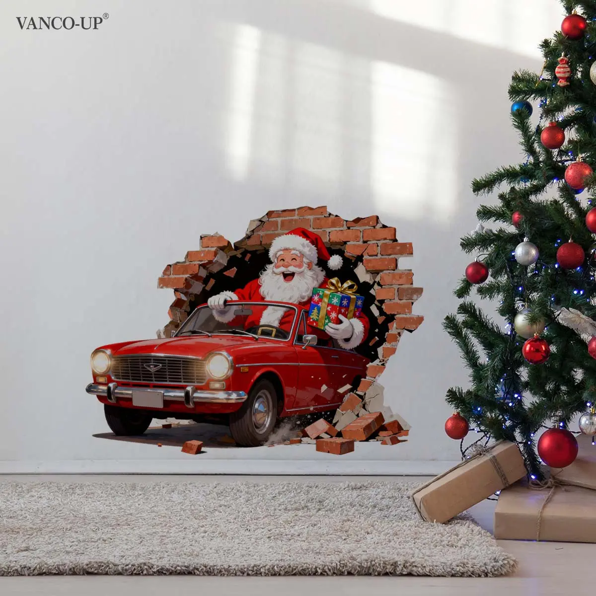 A 30*40cm self-adhesive Christmas simulated Santa Claus driving through a wall flat wall sticker for home background decoration B20104-KR