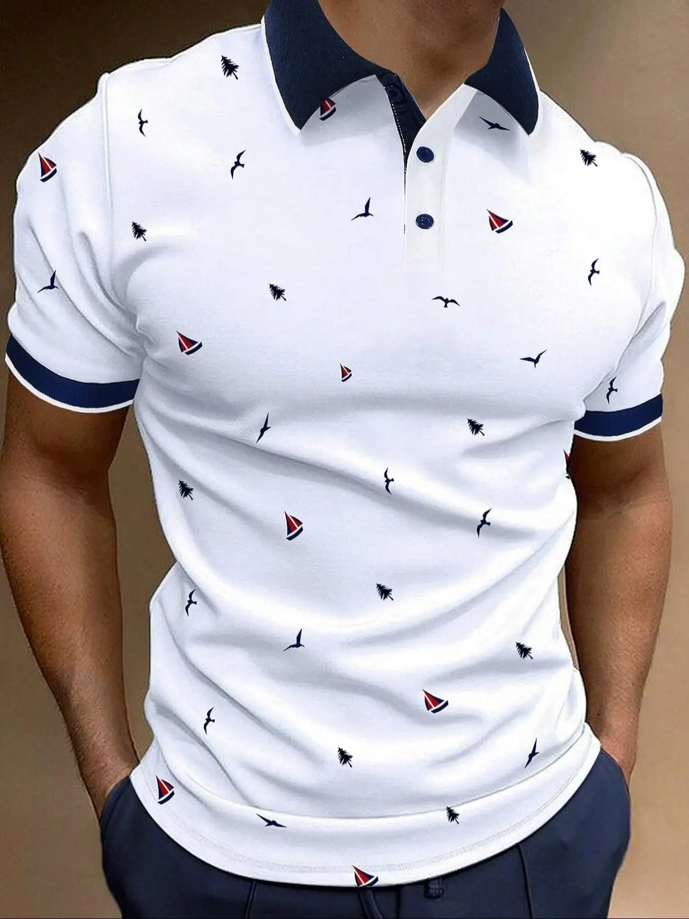 Men's All Over Print Contrast Binding Half Placket Polo Shirt, Regular Fit Casual Short Sleeve Button Front Top for Summer, Menswear for Daily Wear