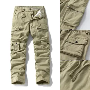 Men’s multi-pocket cargo pants, drawstring waist, loose straight-leg outdoor casual long pants
