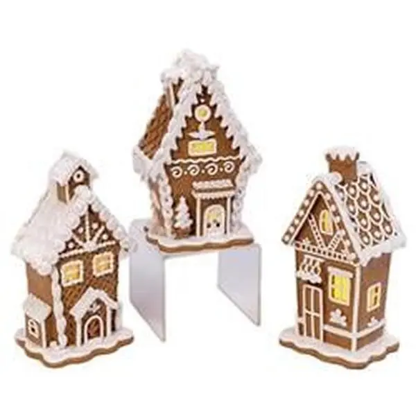 Gerson 9080804 LED-Lighted Gingerbread House, 7 h x 3 w x 4 l in Brown & White Indoor Holiday Decorating Piece - Pack of 3, Gingerbread House Christmas Decor, Christmas Decoration, Indoors