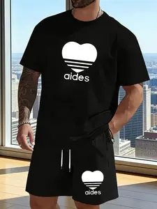 Heart-shaped Striped T-shirt, Summer Short-sleeved and Drawstring Sports Shorts Set. Soft and Fashionable for Daily Wear, Versatile and Suitable for Various Occasions. Lightweight and Breathable Casual Outfit.