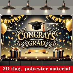 2D flat banner, Large Graduation Banner - Durable Polyester, "Congrats GRAD" with Cap and Diploma Design, Sparkling Lights and Balloons, Ideal for Indoor/Outdoor Graduation Party Decorations, Celebration Banner|Vintage Cap Decor|Smooth Texture Banner