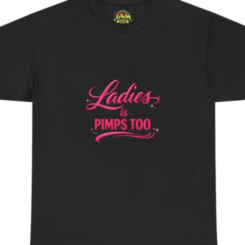 JAM Boogie’s Apparel Ladies is Pimps Too Black T-Shirt with Pink Text Design https://jam-boogie-apparel.printify.me/cart