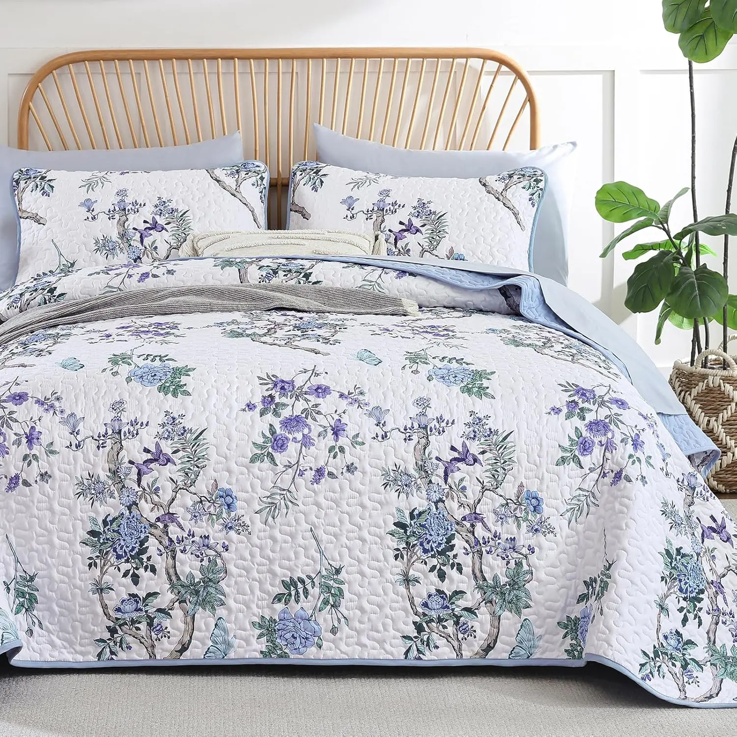 Floral Set King,Blue Purple Botanical Bedspread Coverlet Set for Women Teen Girls, Soft Microfiber Cottagecore Bedding Set for Summer110*90"