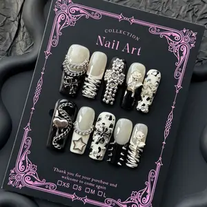 Y2K 10pcs Handmade Computer Nail Art Stickers, Gothic Punk Style, Nail Designs, Cross Rose Pearl Decoration, Spot Painting, Party and Daily Wear, Glossy Acrylic Nails, Stylish Acrylic Nails