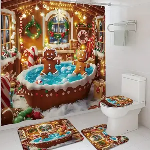 1/4pc Christmas Gingerbread Man and Bathtub Theme Shower Curtain Set, festive design, includes non-slip mat, U-shaped rug, and toilet seat cover. Perfect for bathroom décor, beautifies the space. Comes with 12 shower curtain hooks.