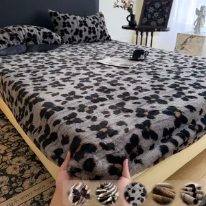 Luxury Faux Rabbit Fur Leopard, Tiger & Butterfly Print Fitted Sheet 3-Piece Set – Soft, Warm Solid Color Bedding, Premium Set (Includes 1 Fitted Sheet + 1/2 Pillowcases), All-Season Use, Perfect for Bedroom, Dorm, Sofa Décor & Christmas Gift