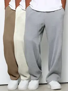 Men's Solid Waffle Knit Drawstring Waist Straight Leg Pants, Regular Fit Casual Comfy Pocket Trousers for Spring & Fall, Men's Bottoms for Daily Wear