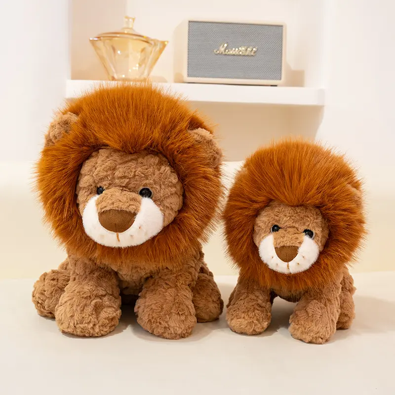 Soft, fluffy small lion plush toy with large mane—soothing pose; persimmon plush figurine; companion stuffed animal for home decor