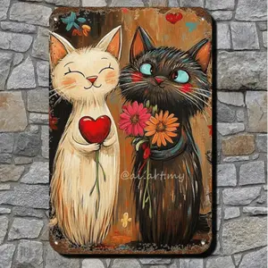 2D Flat, 2D Flat Metal Painting Sign Retro Cartoon Cat Love Heart Flower Art Wall Decor for Home Bar Cafe Restaurant Garage Courtyard 8x12 Inches Iron Sheet Painting, 2D Flat