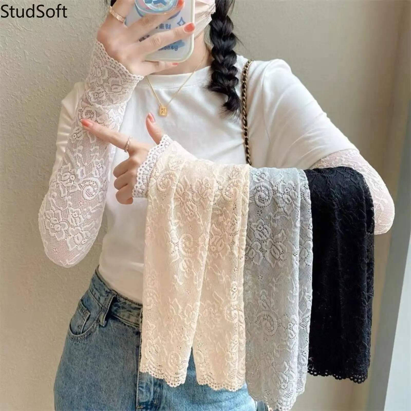 Women's New Summer 4 Pcs Free Size Long Ice Lace Sun Protection Gloves - Lace Fabric Long Sleeve Shirt Arm Guards, Outdoor Drive UV Protection Decorative Textured Arm Sleeves for Daily Outdoor Use