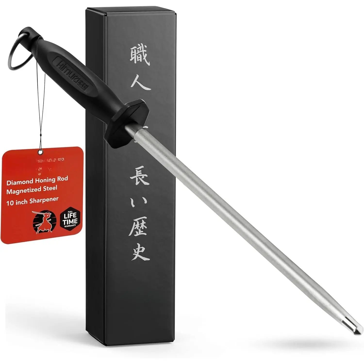 10-in Professional Kitchen Honing Steel Rod - Durable Magnetized Metal Sharpener for Carbon Steel Knives, Traditional Design with Balanced Plastic-Synthetic Handle, Ideal for Chefs (Included Box), Carbon Steel Honing Rod