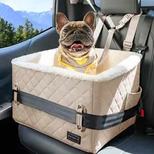 [5-year warranty] PETSFIT Small Dog Booster Car Seat, Soft Foam Puppy Carseat with Patented Safety Buckles, Storage Pockets and Detachable Clip-On Safety Leash, Dog Car Booster Seat for Medium Pet Under 30 LBS (Khaki)