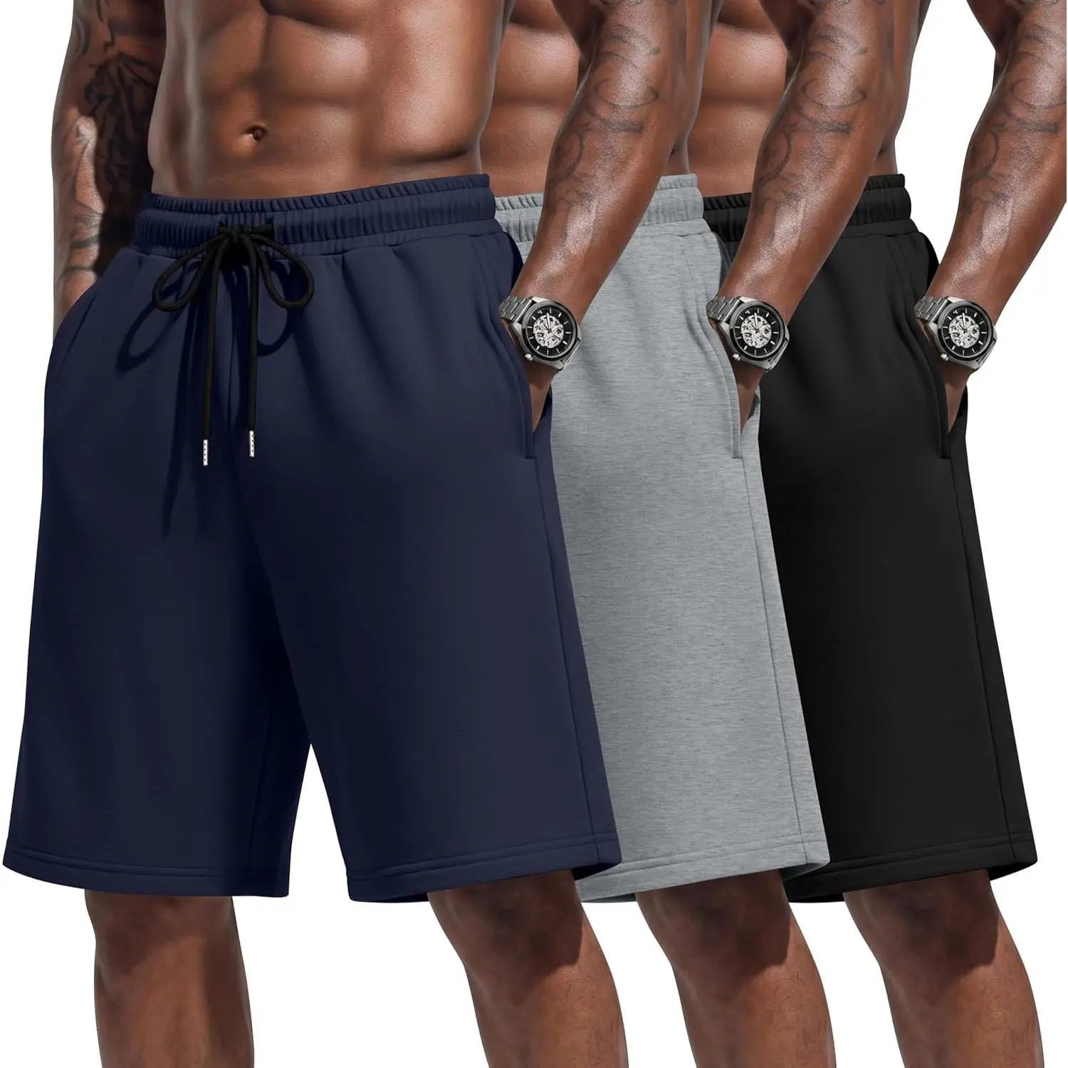 3 Pack Men's Big and Tall Shorts Drawstring Plus Size Basic Casual Summer Bermuda Sweat Shorts with Pockets