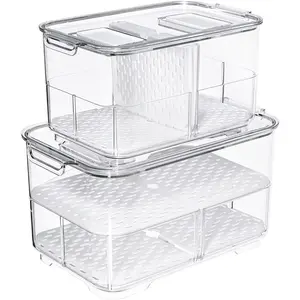 Vegetable Fruit Containers, Containers Fridge Produce Save, Stackable Refrigerator Organizer Drawers Bins Baskets with Lids and Removable Drain Tray
