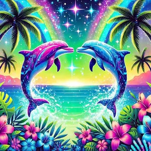 5D DIY Full Drill Round Diamond Painting - Diamond Art Kit Dolphins Rainbow Flower Mosaic, Canvas - DIY Decorative Painting, Home Wall Decor, Perfect for Halloween and Christmas, Independence Day, Birthday and Anniversary Gifts