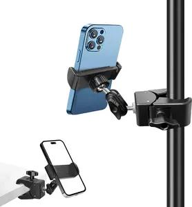Phone Holder for Mic Stand, Treadmill, Spin , , Adjustable Clamp on Phone Holder for Microphone Stand, Desk Pipe Pole Clamp Phone Mount Stands for   All Smartphones (Standard)