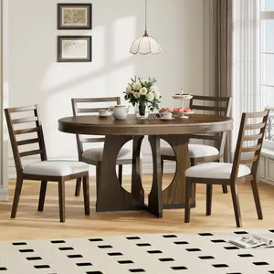 ARCH TREXM Round Dining Table for 4 with Chairs Set, Extendable Dining Table Set with 16" Removable Middle Leaf, 5 Piece Retro Dining Table Set Unique Geometric Design for Kitchen, Dining Room (Walnut)