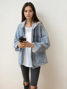 Womens Powder Blue Oversized Denim Jacket Silver Fleece Lined Hood White Drawstring All Season Casual Standalone Wear