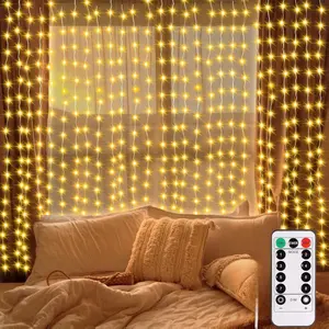300 LED Curtain Lights, 9.8Ft x 9.8Ft USB Plug in Christmas Fairy Curtain Lights with Remote, Hanging String Light for Bedroom Backdrop Window Wall Wedding Decor, Warm White