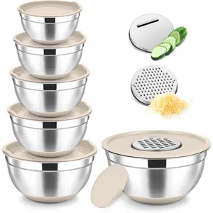 Mixing Bowls, 6 PCS Stainless Steel Nesting Salad Bowl with Lids & 3 Graters, For Kitchen Cooking Serving Prepping, Airtight & Non-Slip, Size 4.5/3.6/2.7/2.1/1.7/1.1 QT, Khaki