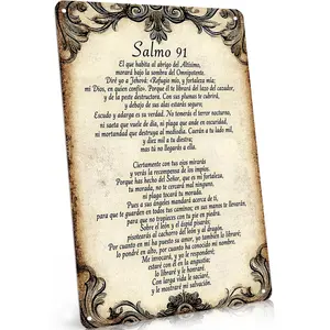 Salmo 91 Aluminum Sign, Flat Vintage Spanish Psalm 91 Wall Decor, Ornate Floral Border Design, Perfect for Home & Church, 8x12 Inch, Great Inspirational Gift for Christian Believers, Trendy Retro Grunge Vibe Decoration