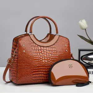 2-Piece Luxury Crocodile Pattern Handbag Set for Women – Elegant Top Handle Shoulder Bag with Matching Cosmetic Pouch