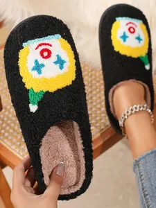 Women's Fall Winter Thick Sole Non-Slip Comfortable Home Slippers, Cartoon Cute Clown Design, Textile Upper, Medium Width, Casual Style