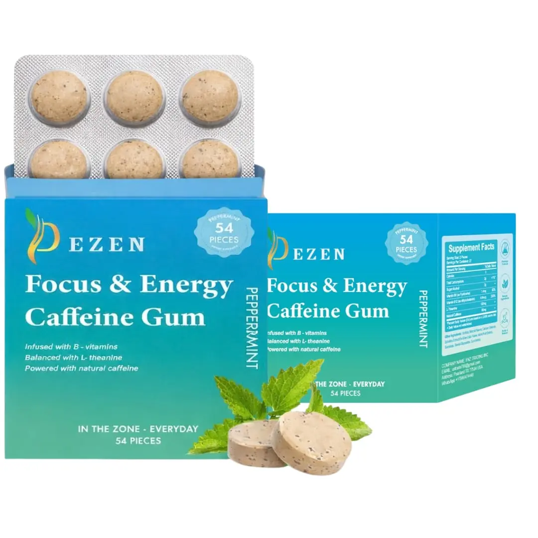 DEZEN Caffeine Gum, Peppermint Flavor, 80mg Natural Caffeine with L-Theanine, Vitamin B6 & B12, 54 Pieces