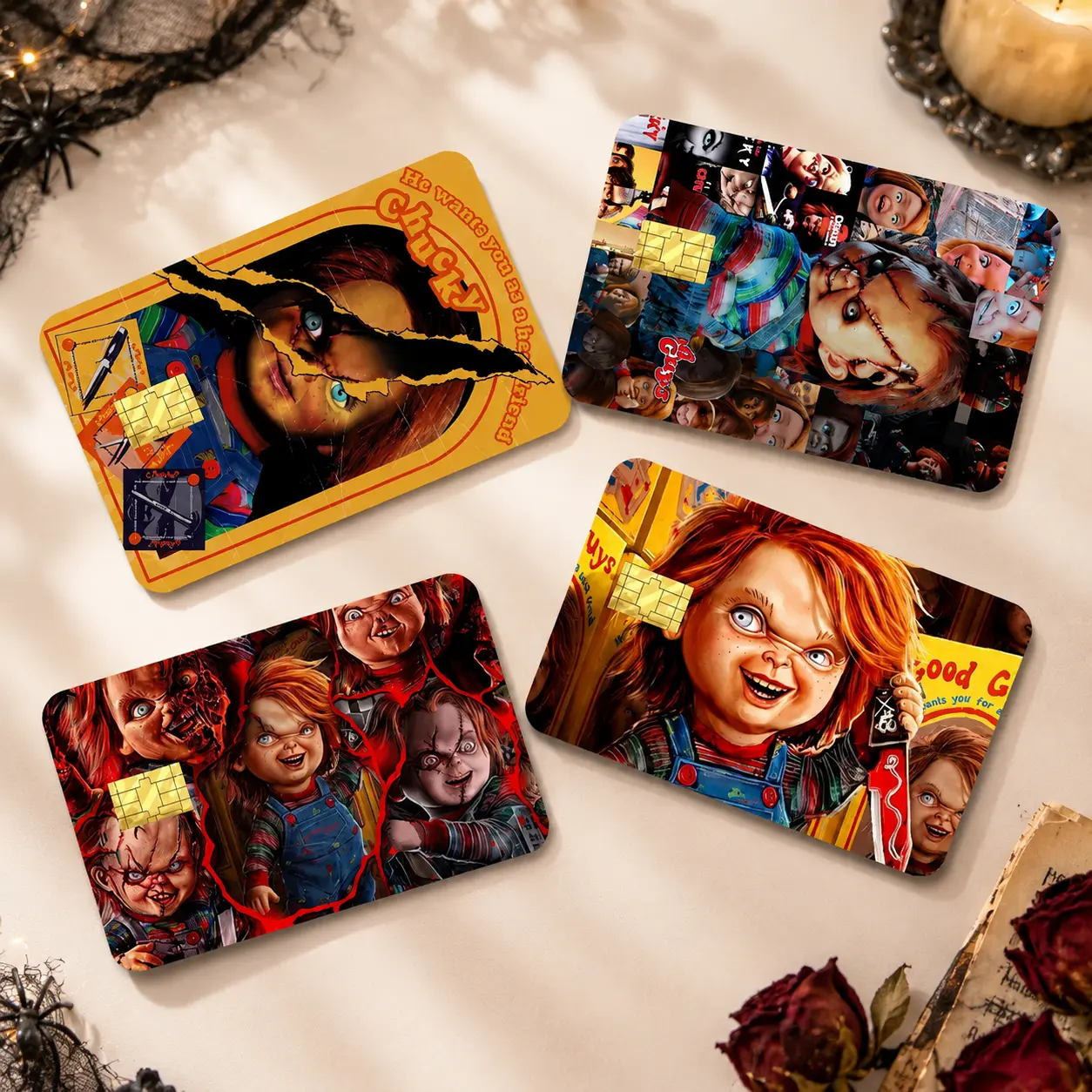 Horror Doll Card Sticker Cover, Spooky Peel-and-Stick Debit Credit Card Skin, Creepy Card Decoration, Fits Most Bank & Gift Cards