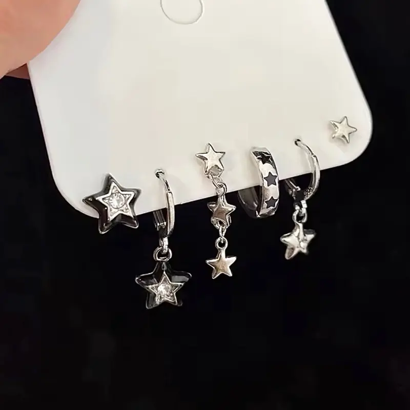 Earring Set Silver Color Star Dangle Stud Earrings Vintage Metal Geometric Drop Multiple Earring Piercing for Women Fashion Retro Everyday Casual Trendy Y2K Star Jewelry