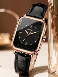 Classic Vintage Dial Small Square Watch, Rose Gold Case with Crocodile Strap, Clear Analog Numbers, Waterproof Durable Gift