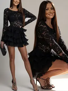 Viral TikTok Lace Mini Dress for Women – Open Back Long Sleeve Bodycon Party Feminine Dress with Ruffle Skirt