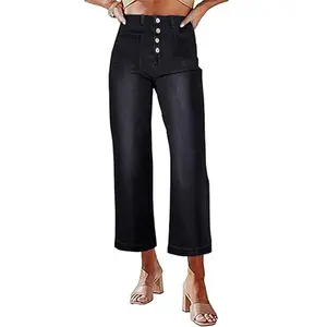 Necooer Women's Y2K Button-Front Cropped Wide Leg Jeans - Stretchy Baggy Retro Denim Pants 2025 Vintage Comfort Essential for Every Outfit Cute Blue bootcut jeans baggy jeans jeans for women purple jean black jeans pantalon de mujer women jeans Bottoms