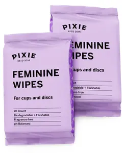 Pixie Menstrual Cup Wipes - On The Go Public Bathroom Wipes for Feminine Care - Safe On Period Cups & Menstrual Discs - Biodegradable, Flushable, pH Balanced & Unscented (20 Count (2 Pack)