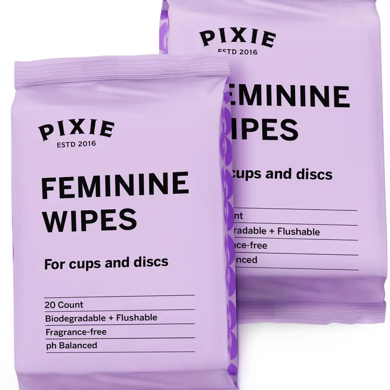Pixie Menstrual Cup Wipes - On The Go Public Bathroom Wipes for Feminine Care - Safe On Period Cups & Menstrual Discs - Biodegradable, Flushable, pH Balanced & Unscented (20 Count (2 Pack)