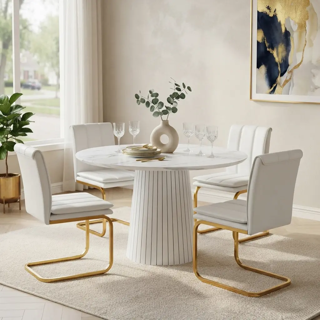 Modern Farmhouse 5-Piece Dining Set, Trending 47" Round Marble Veneer Table & 4 White PU Leather Chairs with Gold Metal Legs for Kitchen Dining Room, White/Gold