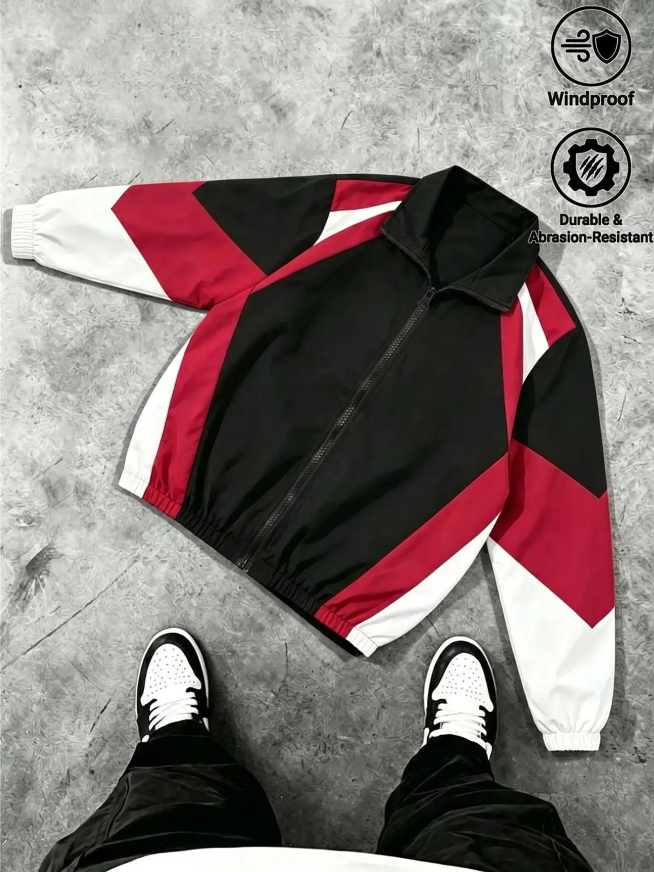 Men's Vintage Color Block Windbreaker Jacket, Loose Fit Athletic Top with Stand Collar, All Season Wind-Resistant Outerwear, Menswear, Coats, Tops, Stylish