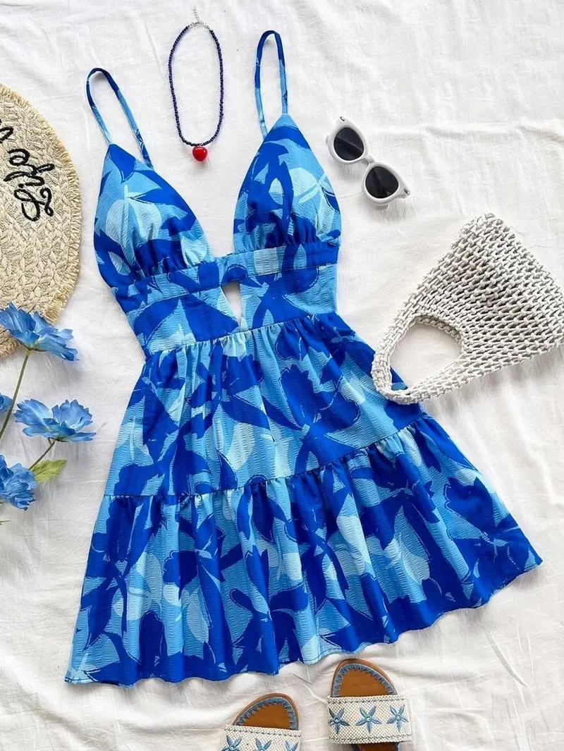 knee length dresses for ladies Lemon Print Mini Dress With Corset Waist- White Yellow Lemon Print