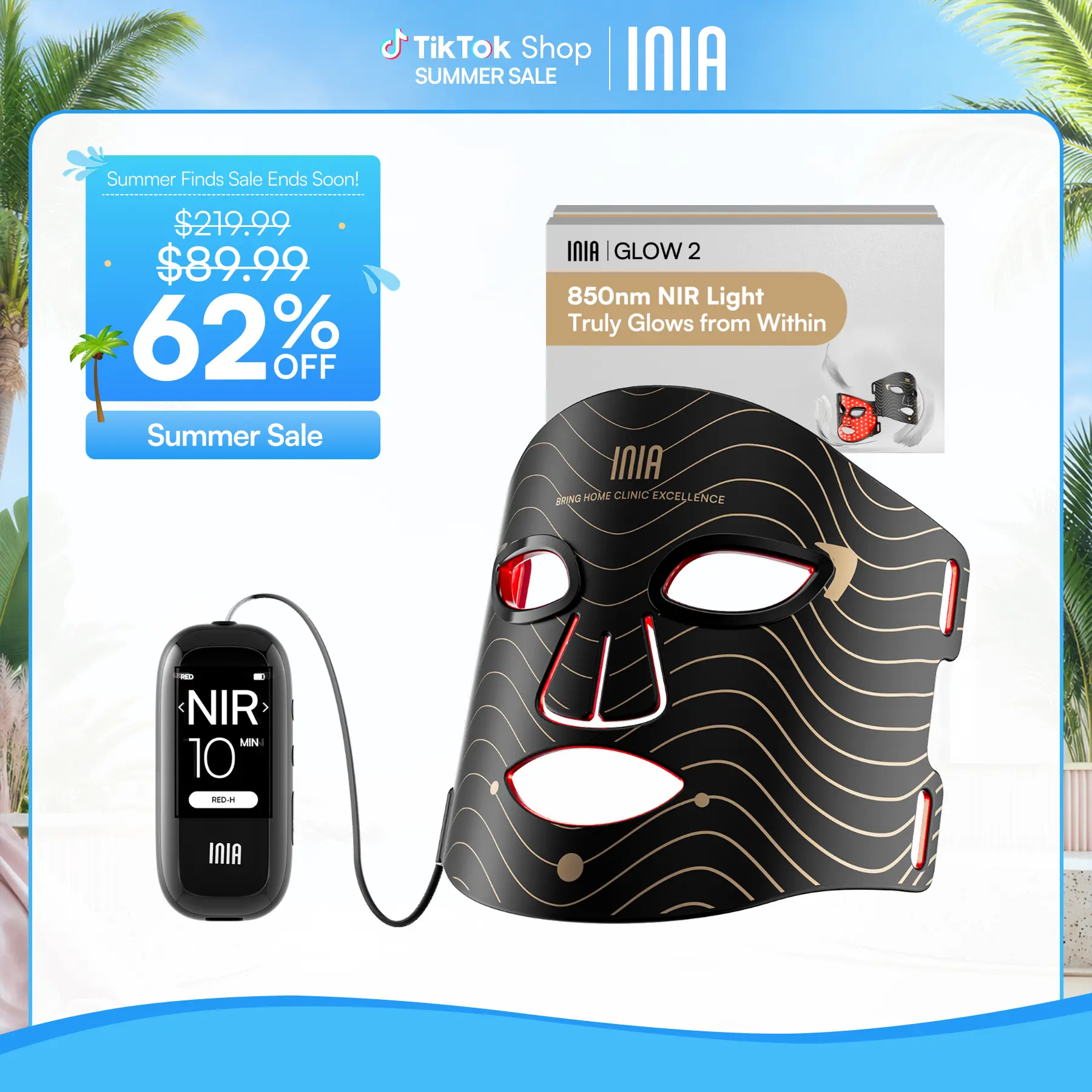 INIA GLOW 2 Red Light Therapy Mask , 4 Light Modes with 850nm NIR, 2600mAh Rechargeable LED Face Mask for Skincare at Home and Travel, Summer Beauty Gift Ideas