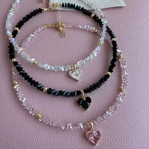 Trendy Heart Zircon Necklace for Women Handmade Crystal Beaded Collarbone Chain Stainless Steel Love Pendant Chic Light Luxury Jewelry for Daily Wear Date Night Party Gift for Her