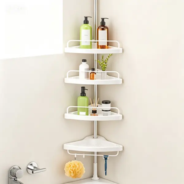 Adjustable Stainless Steel Corner Shower Caddy with Tension Pole, 4-Tier Shelves, Rust-Proof Rods, Silicone Accents – Floor-Standing Bathroom Organizer for Shampoo, Beauty Products, Bathtub Storage